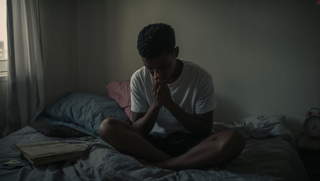 Young man sitting bowing head on rumpled bed pressing hands together in quiet reflection