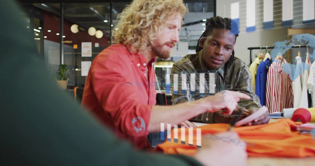 Diverse Team Analyzing Financial Data Overlaid on Office Scene