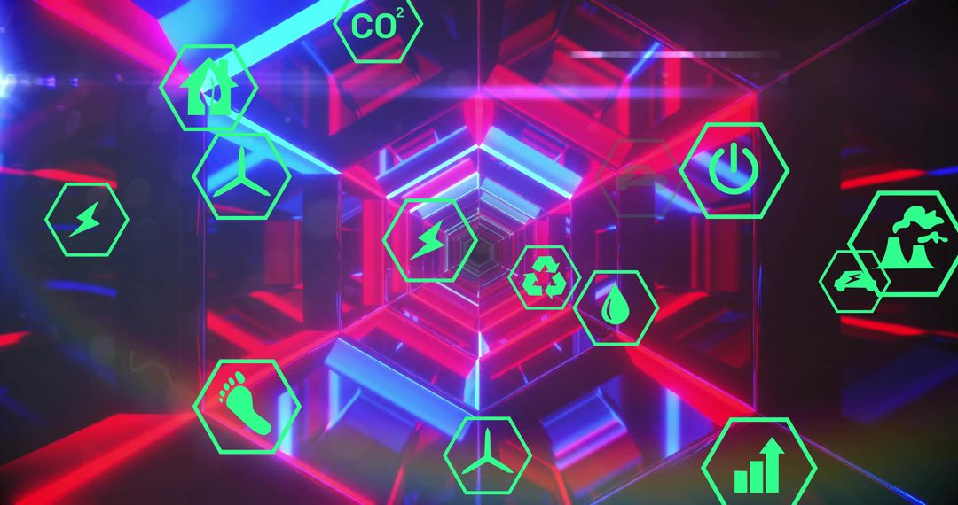 Futuristic Eco-Friendly Technology with Environmental Icons in Neon Tunnel
