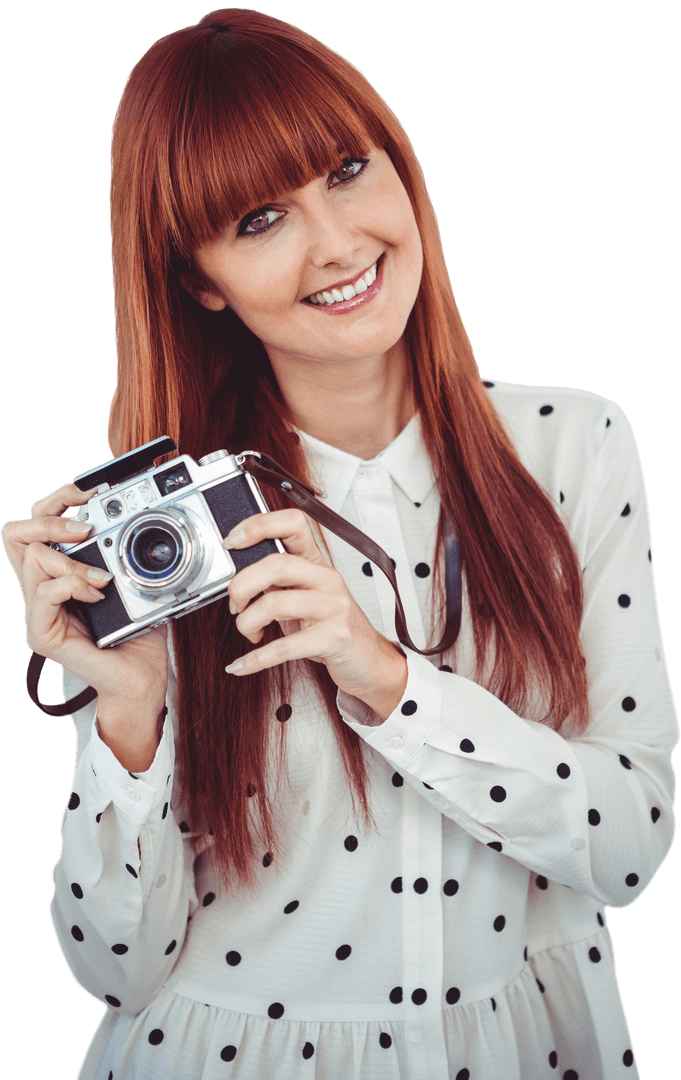 Joyful Hipster Woman with Vintage Camera on Transparent Background