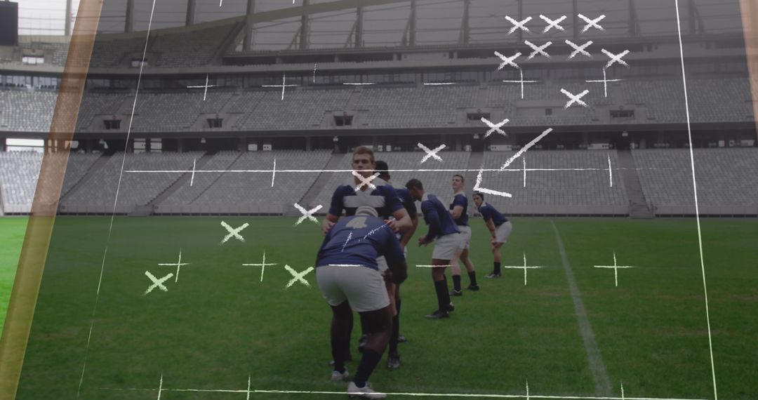 Rugby Team Strategizing on Field with Playbook Overlay