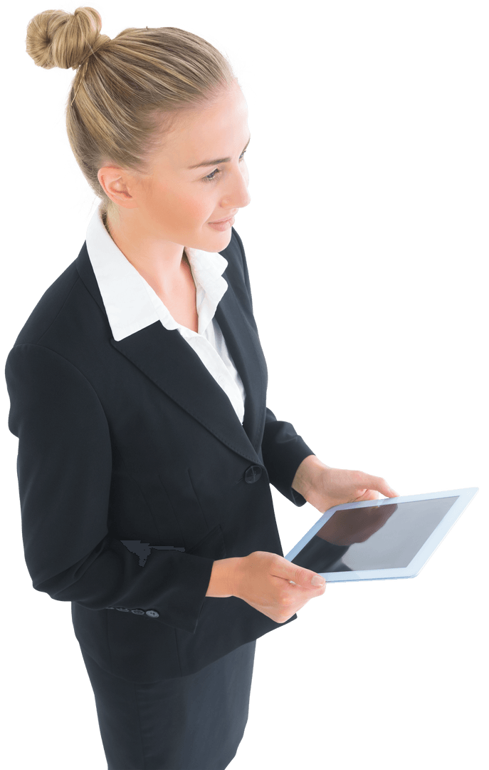 Caucasian Businesswoman Navigating Tablet on Transparent Background