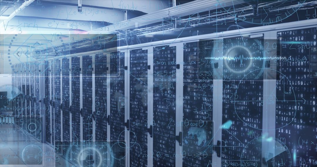 Advanced Server Room with Infographics and Digital Overlay