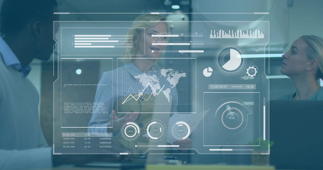 Business Team Presenting Data with Holographic Interface in Modern Glass Office