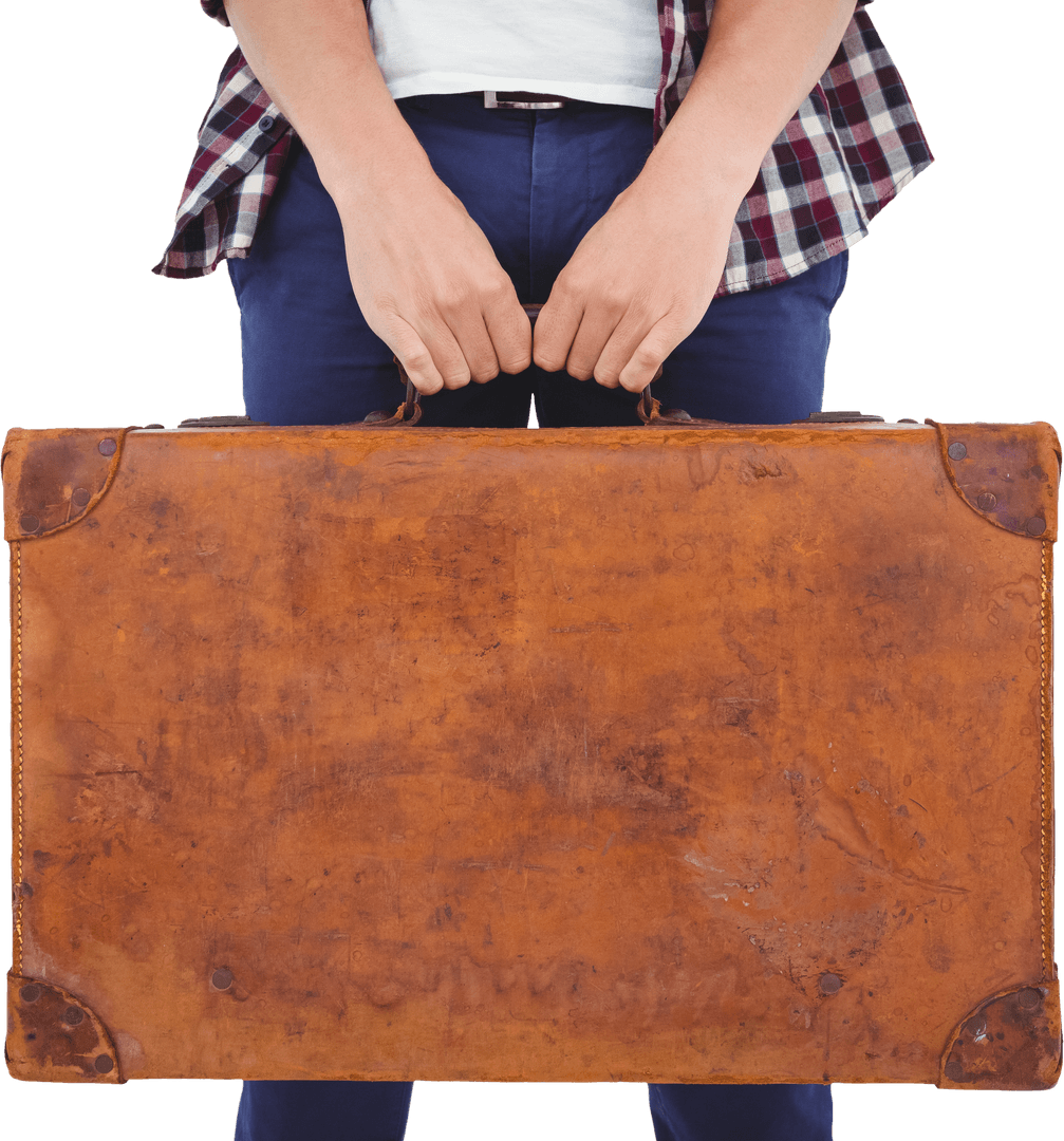 Man Holding Vintage Brown Leather Suitcase Fully Displayed Transparent Background