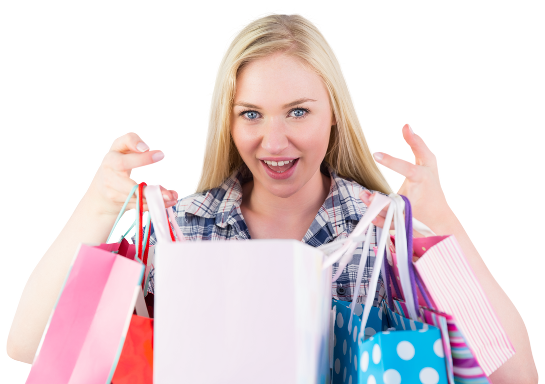 Happy Young Woman Holding Shopping Bags on Transparent Background - Download Free Stock Images Pikwizard.com