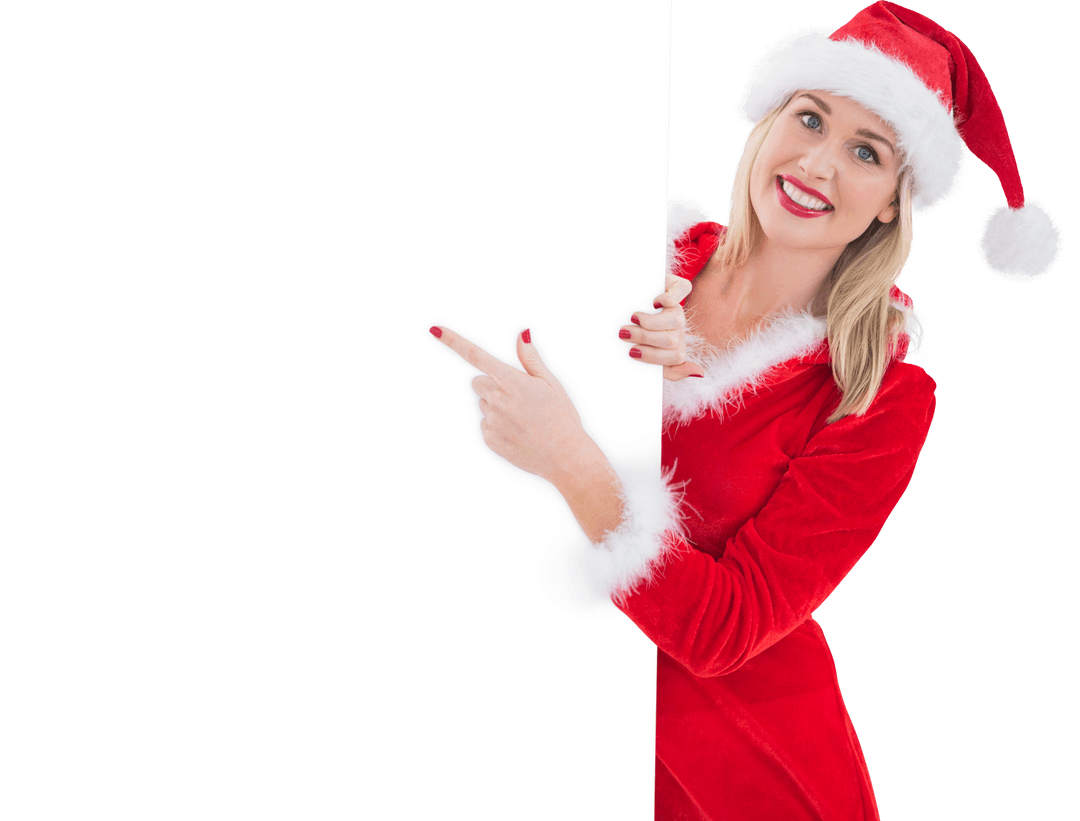 Smiling Woman in Santa Outfit Points at Transparent Banner
