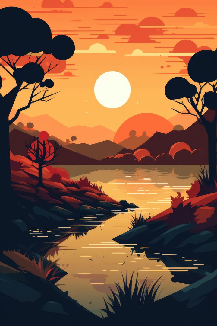 Serene Sunset in Vibrant Landscape Illustration - Free Images, Stock Photos and Pictures on Pikwizard.com