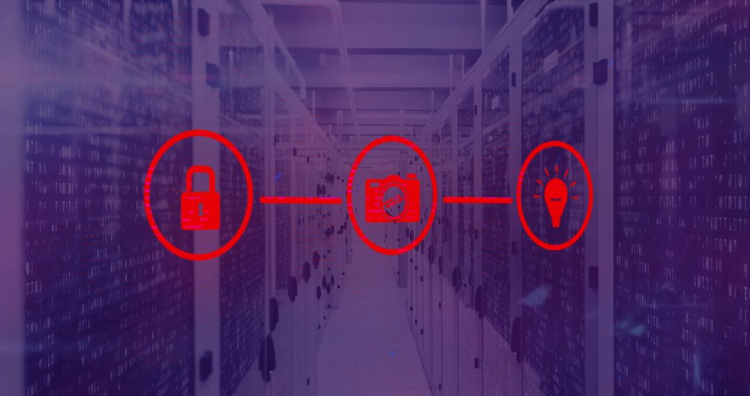 Cybersecurity Icons Overlay on Data Center Servers