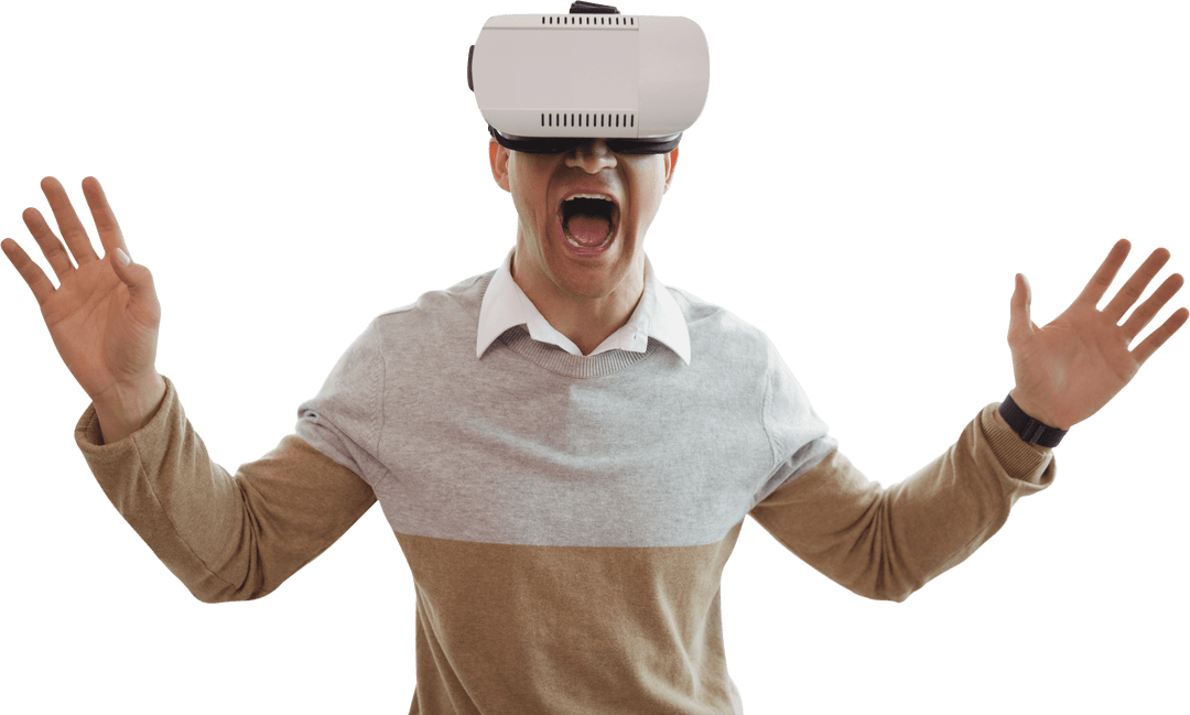 Excited Man Experiencing Transparent Virtual Reality Entertainment