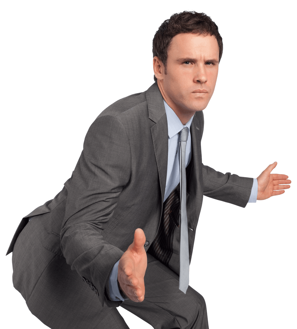 Transparent Businessman in Suit Gesturing with Both Hands