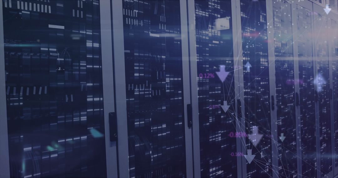 Digital Network Over Server Room Highlights Data Processing