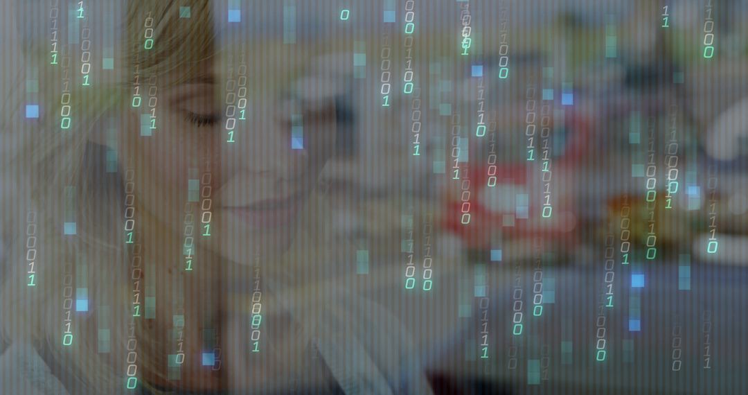 Female Professional Typing with Binary Code In Digital Workspace