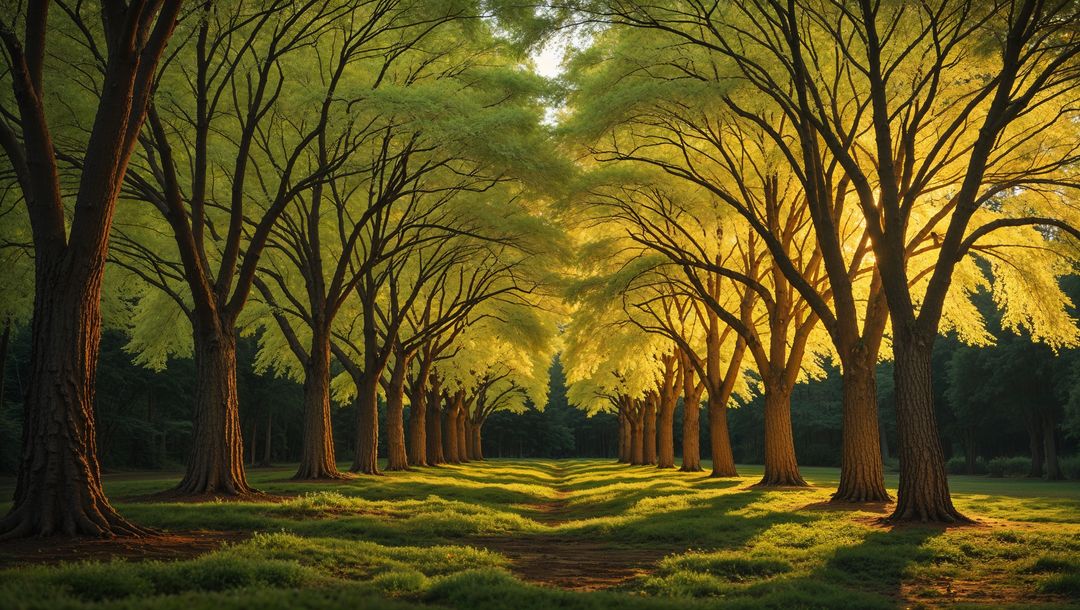 Sunlit Symmetrical Tree Avenue in Serene Park Setting