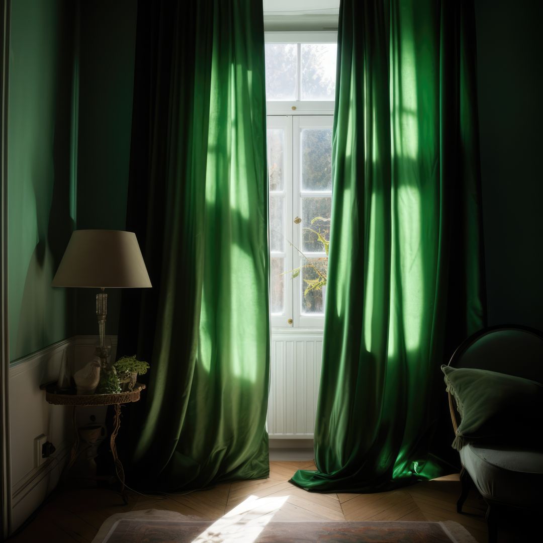 Green curtains hanging in room with window, created using generative ai technology - Free Images, Stock Photos and Pictures on Pikwizard.com