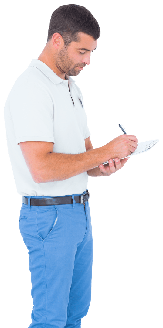 Man Writing on Clipboard in Transparent Background