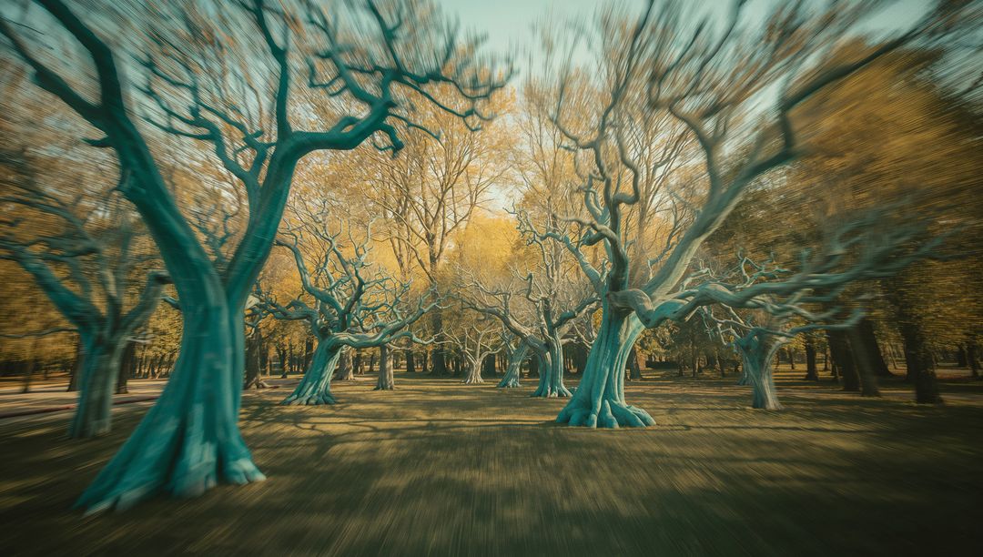 Surrealistic Turquoise Trees in Scenic Autumn Grove