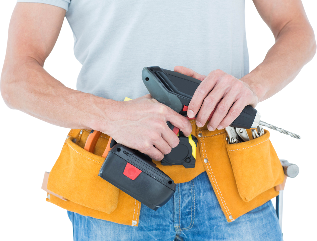 Transparent hands of handyman holding power drill wearing tool belt - Download Free Stock Images Pikwizard.com