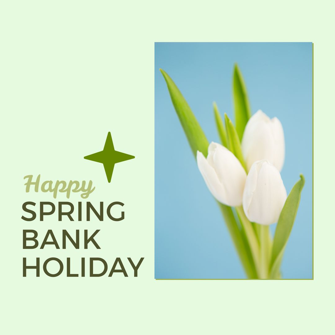 White Tulips with Happy Spring Bank Holiday Text on Soft Background