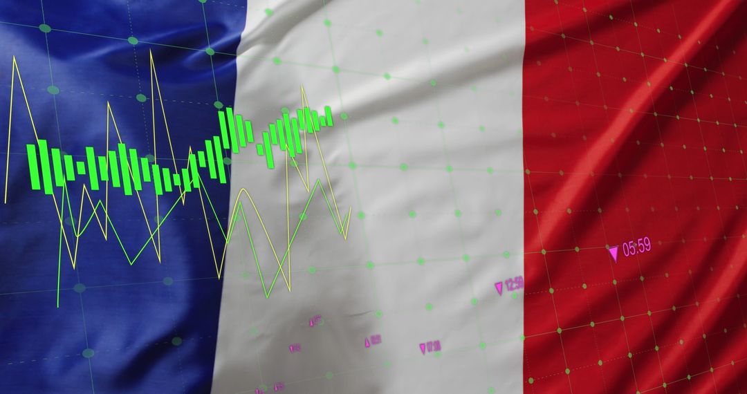 French Flag with Stock Market Graphs Overlaid Indicates Financial Trends