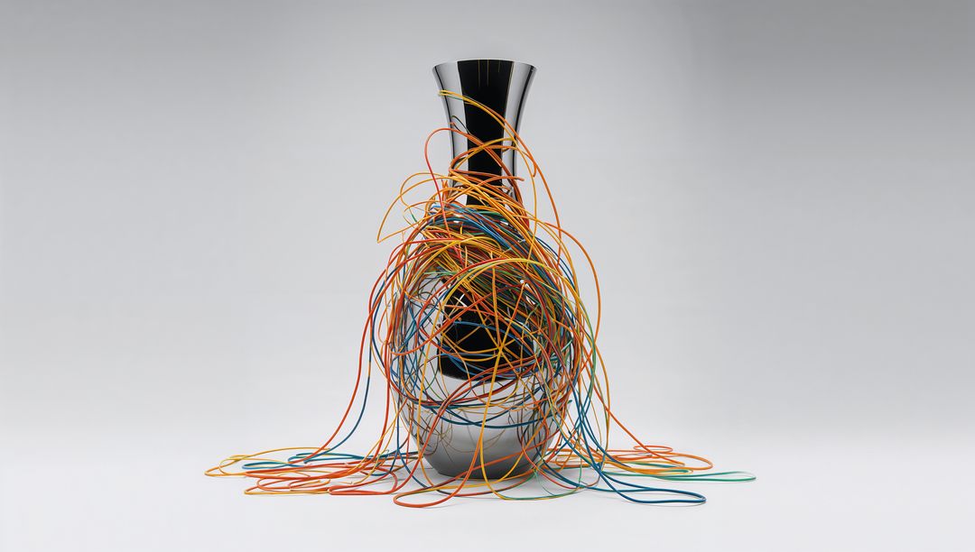 Polished Metal Vase Wearing Tangled Multicolor Cables on Minimal White Surface