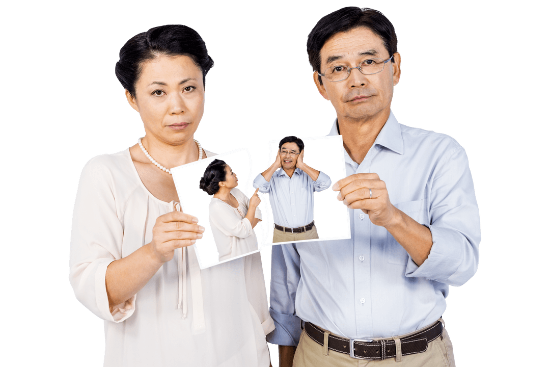 Asian Couple Holding Torn Photo Expression Transparent Background