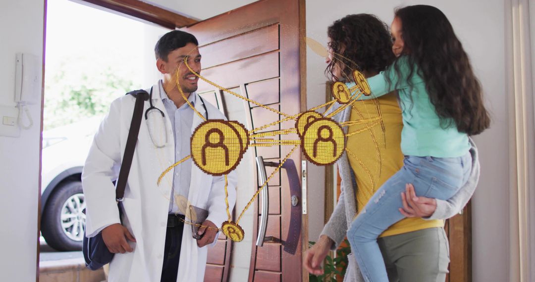 Doctor making house call greeting family at front door with child on parent shoulder