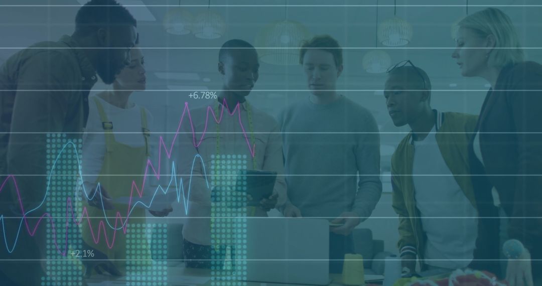 Diverse Team Discussions with Financial Data Overlay in Office Setting