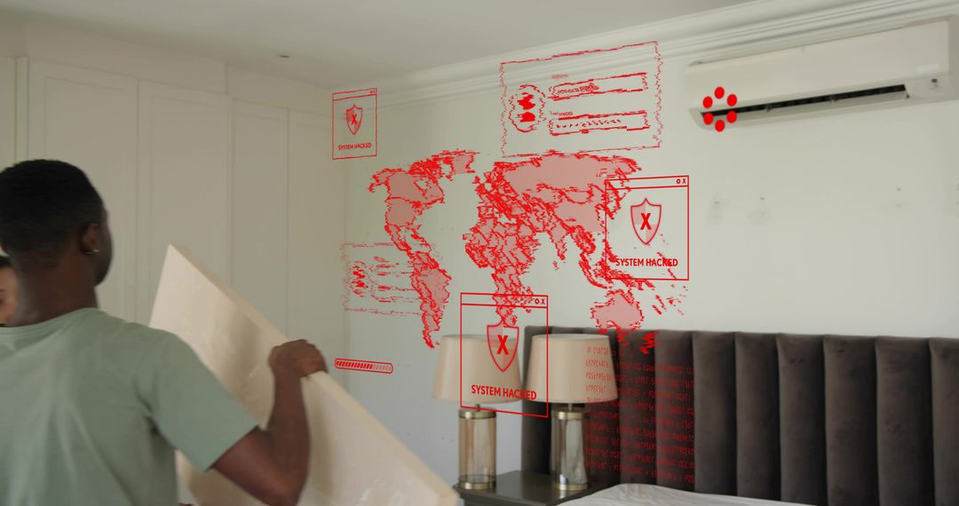 Man Installing Wall Panel in Bedroom with Holographic 'System Hacked' Cyber Projection