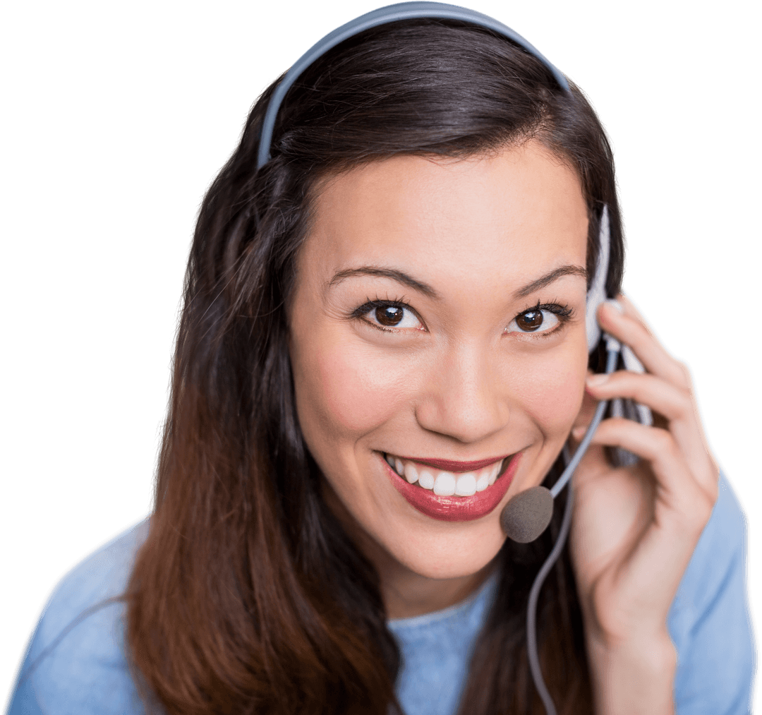 Transparent Smiling Woman Wearing Microphone Headset High Angle