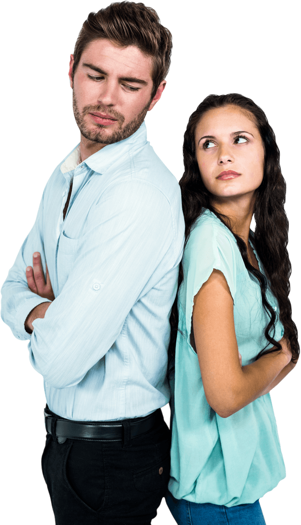 Couple Standing Back to Back with Annoyed Expressions on Transparent Background