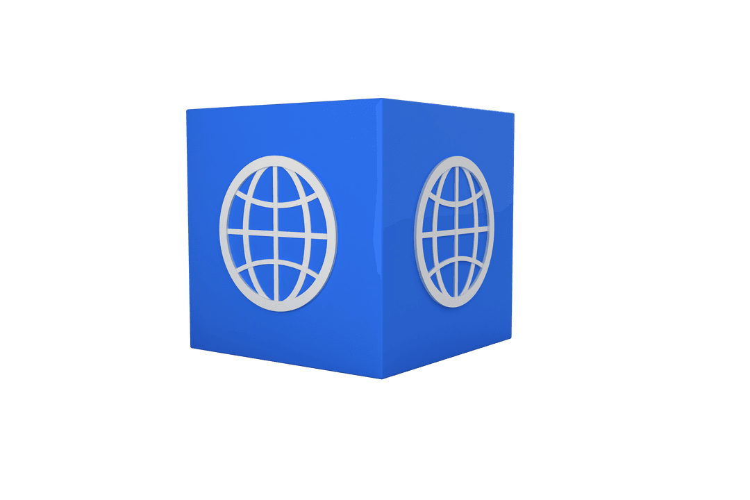 Blue Cube with Globe Symbol on Transparent Background for Social Media