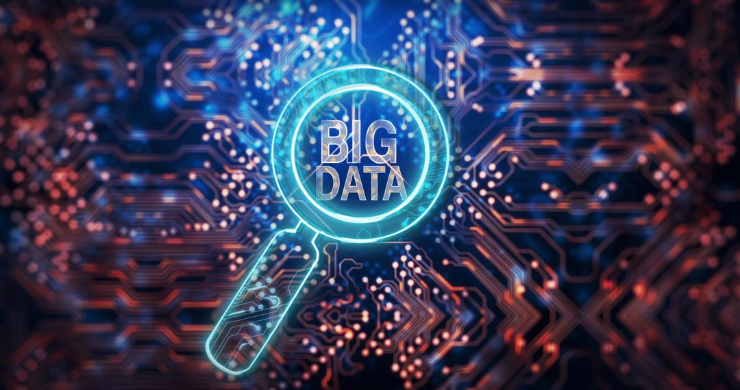 Big Data Magnifying Glass Over Circuit Board Background