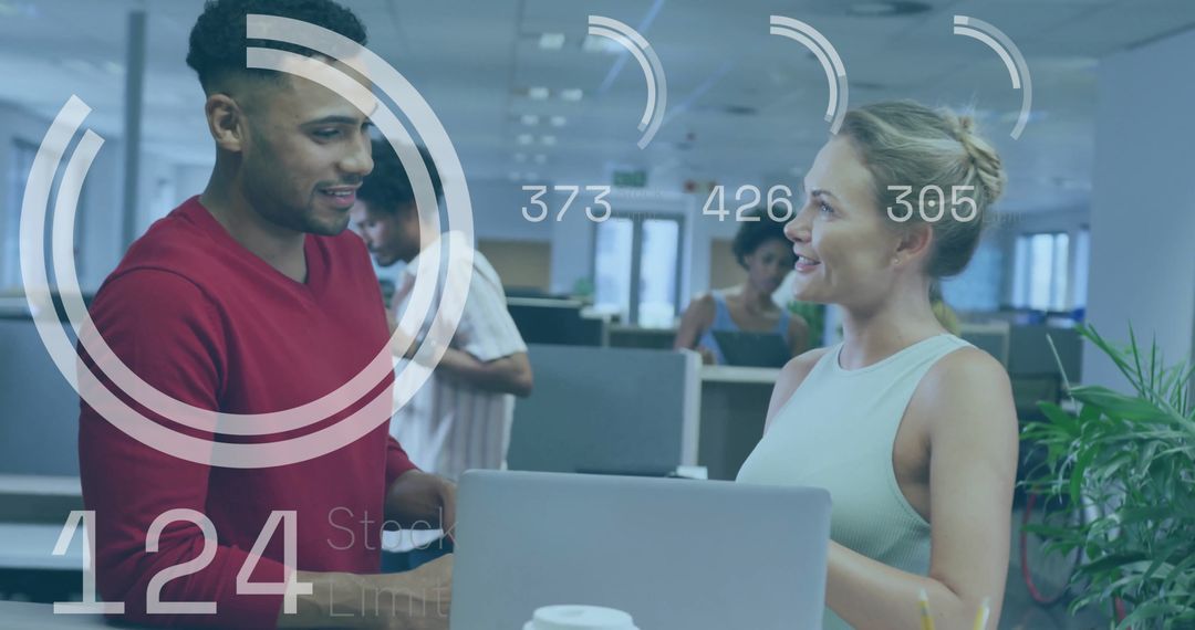 Diverse Team Discussing Finance with Digital Overlay