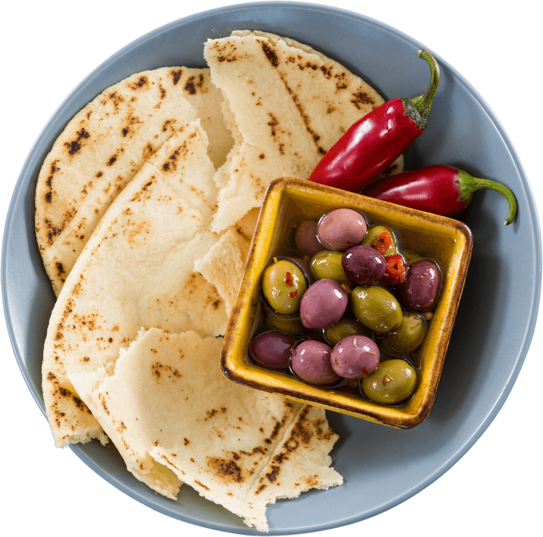 Mediterranean Snack with Olives, Flatbread, and Chili Peppers Transparent View