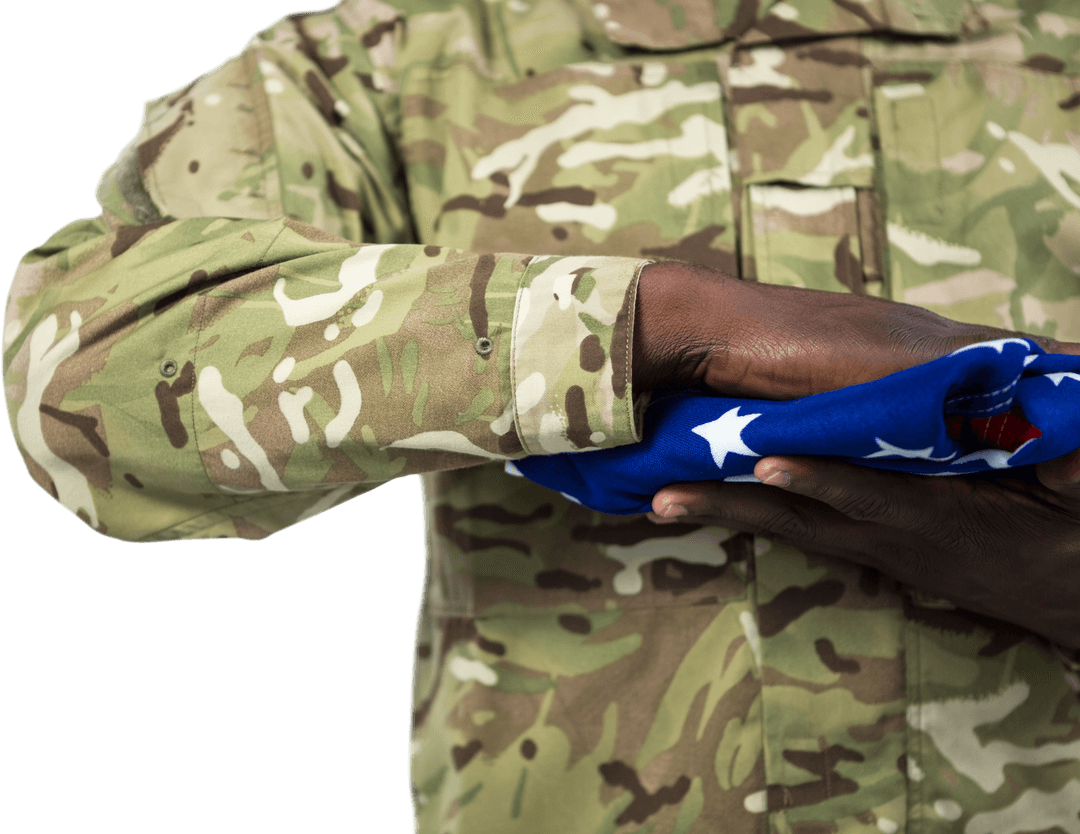 Transparent Soldier Holding Folded American Flag with Camo Uniform