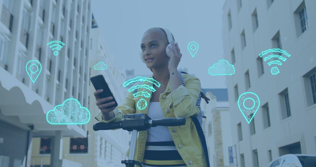 Woman on Scooter with Smartphone and Digital Media Overlay