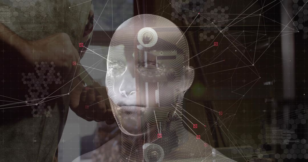 Futuristic 3D Holographic Head and Data Visualization in High-Tech Lab