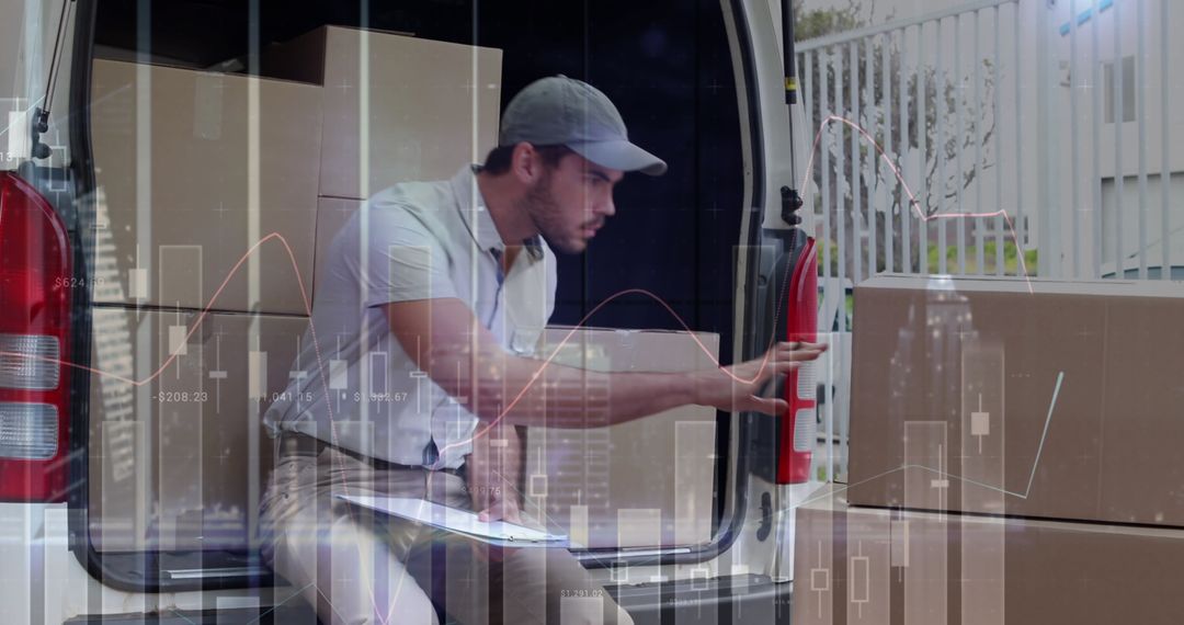 Delivery Worker Analyzing Financial Data Processing Global Shipping Insights