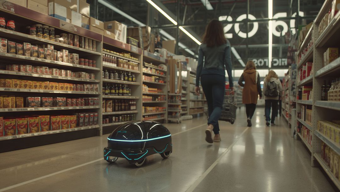 Autonomous grocery robot navigating aisle alongside shopper pushing cart with glowing LED trim