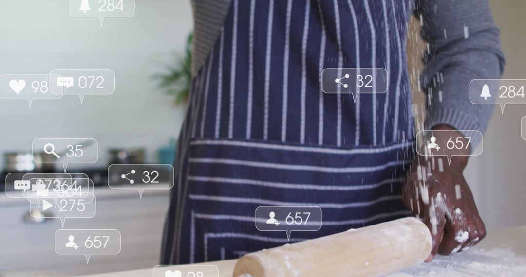 Man Baking with Rolling Pin Surrounded by Social Media Notifications