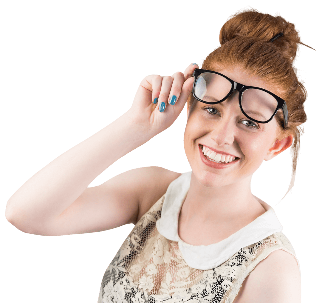 Happy Redhead Wearing Transparent Glasses and Lacy Dress