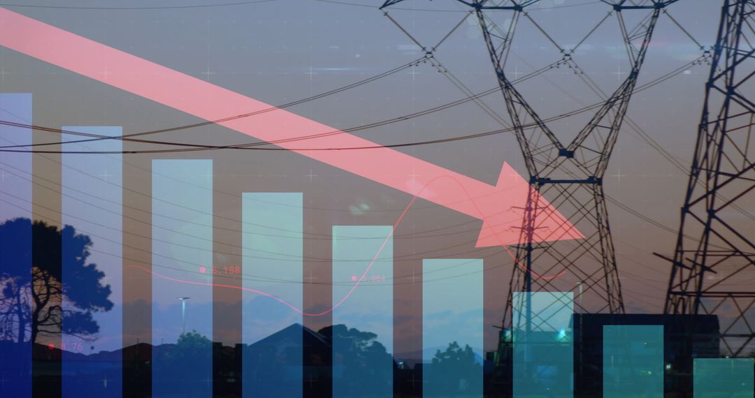Power Lines and Financial Data with Downward Red Arrow at Dusk