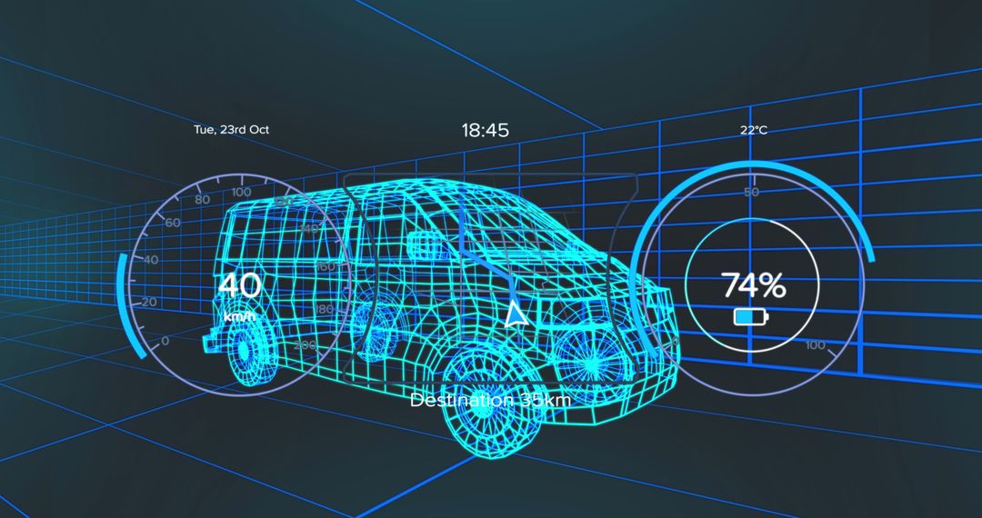 Futuristic Van Model Displaying Speed and Battery Interface