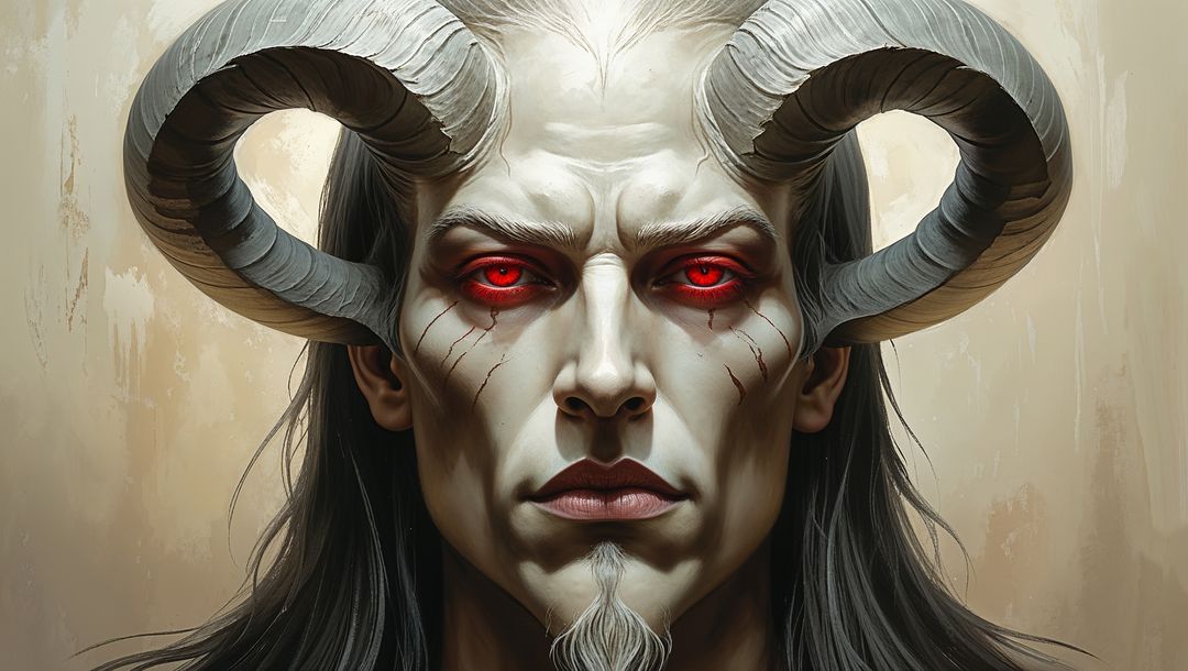 Intense portrait of a mythical satan with glowing red eyes