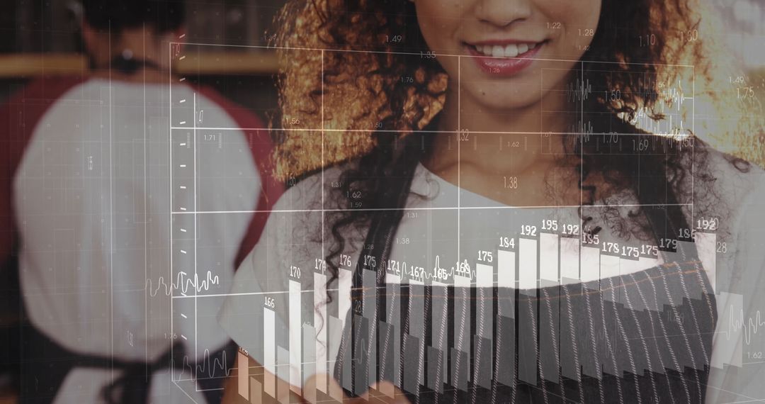 Smiling Barista Reading Digital Analytics in Trendy Cafe