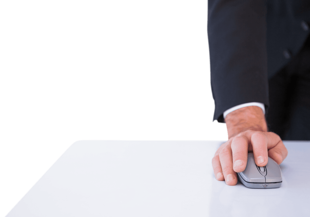 Businessman Hand on Computer Mouse on Transparent Surface