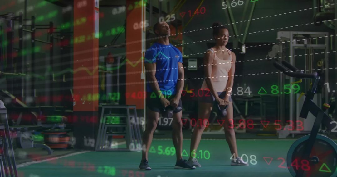 Workout Partners in Gym with Stock Market Chart Overlay