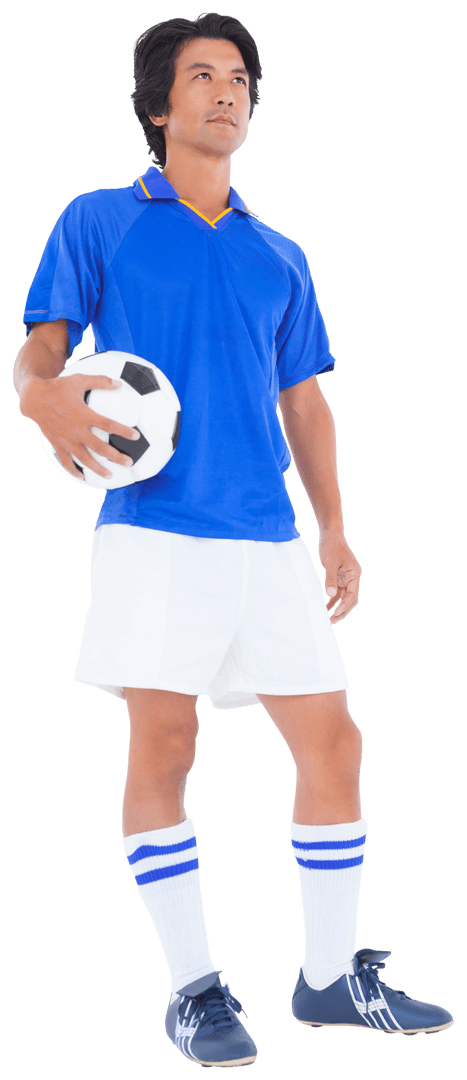Confident Soccer Player Holding Football on Transparent Background