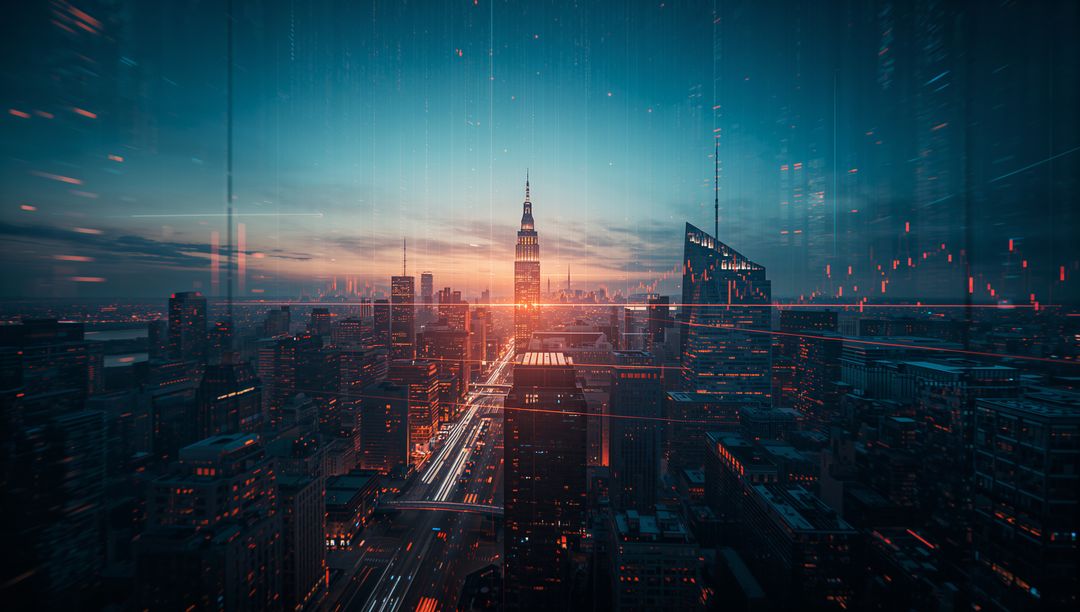 Futuristic Cityscape with Light Overlays at Dusk